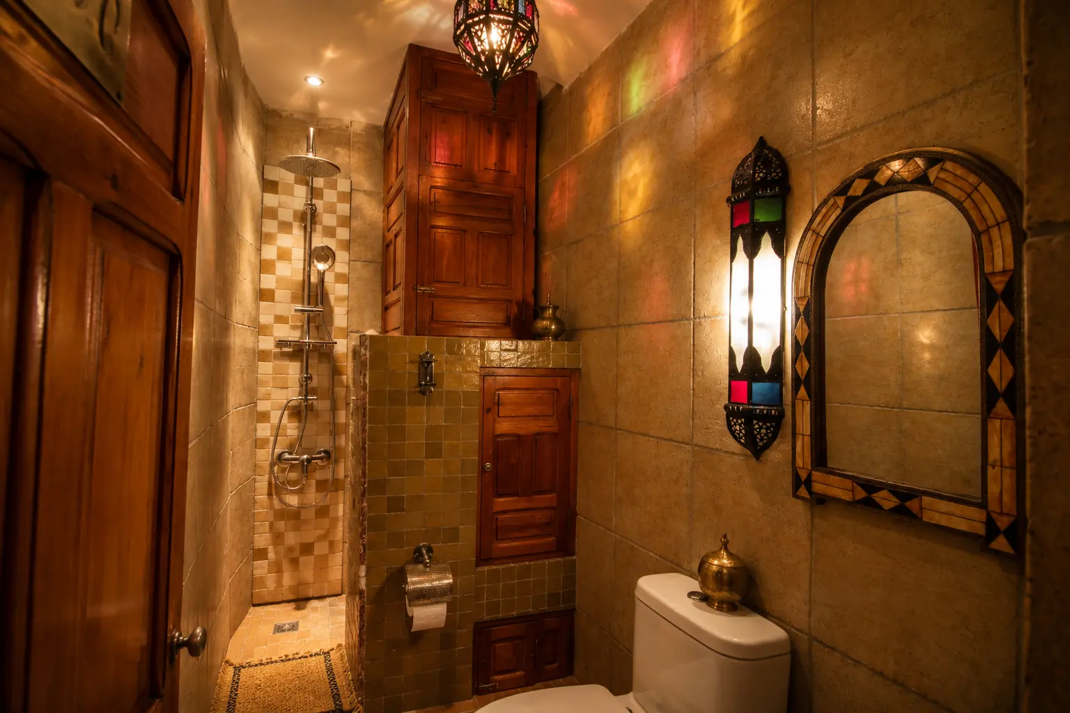 The separate bathroom with a carved mirror and lantern