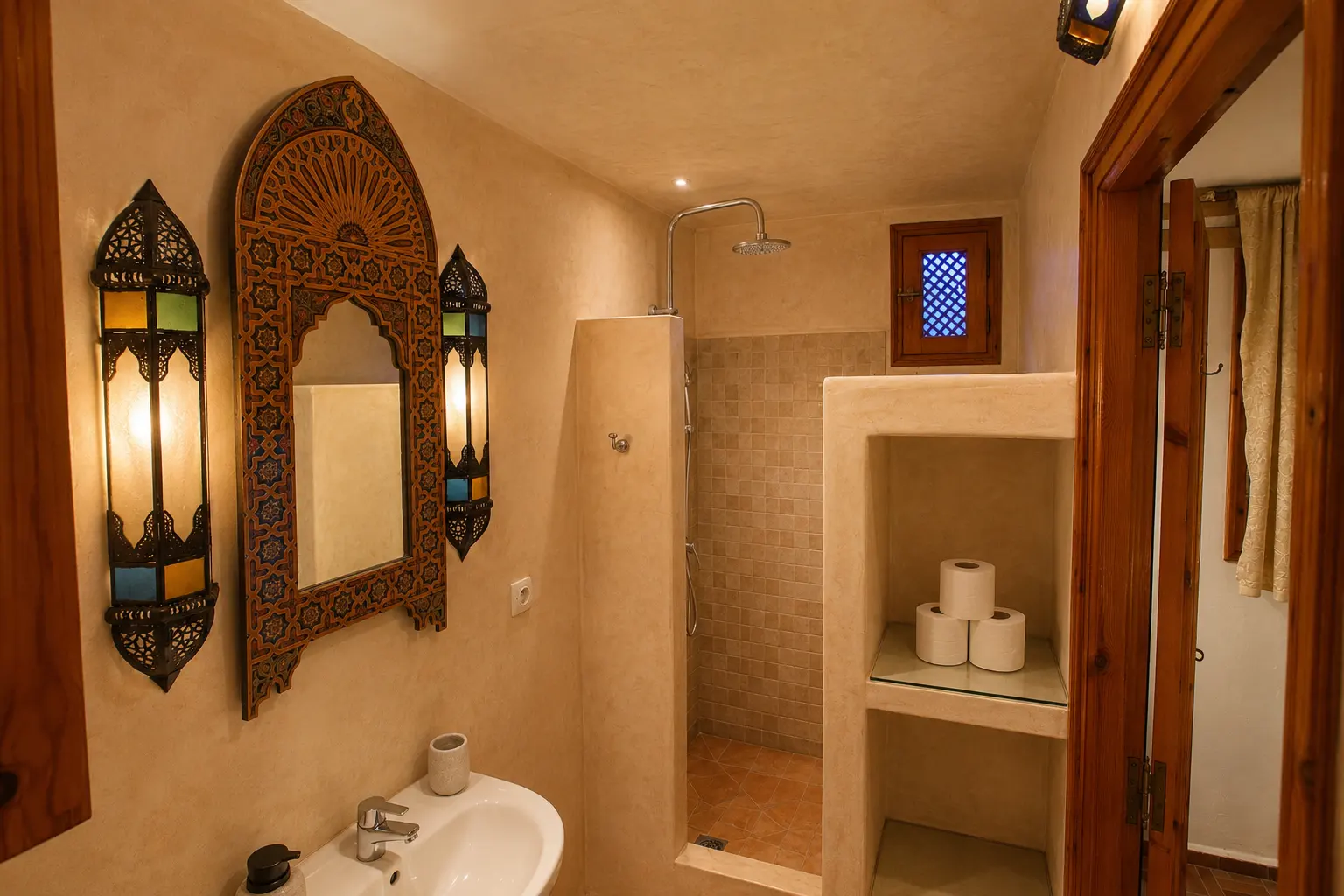 The ensuite bathroom with a carved mirror and lanterns